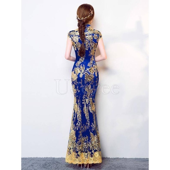 🆕 Uoozee - Blue Lace Embroidered Mermaid Gown - Picture 4 of 4